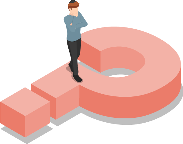 Confused man standing on a question mark