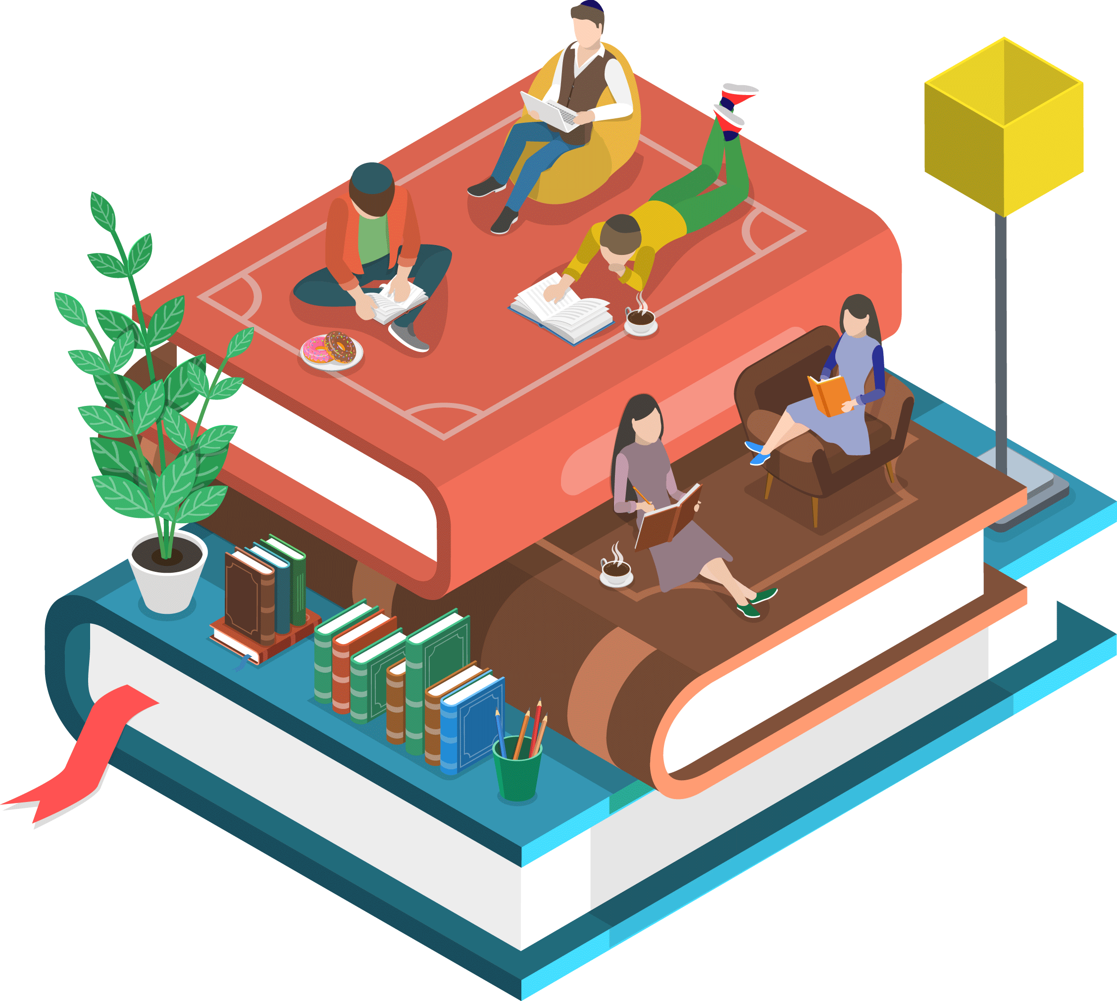 Pile of books with jewish adults happily reading while reclining