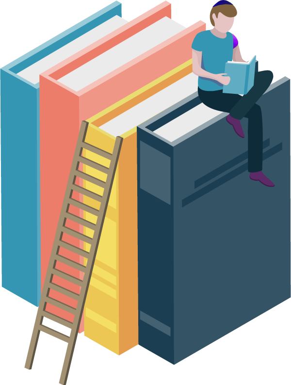 young jewish boy eagerly sitting on a stack of books and feeling successful