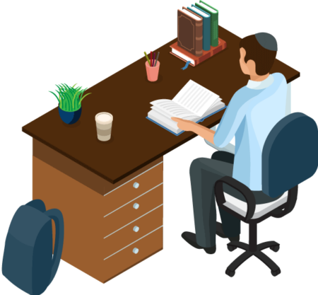 Jewish boy doing his kriah homework happily at his desk