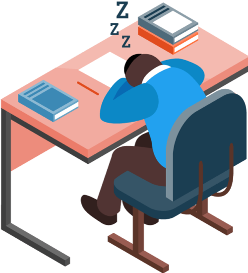 An upset teenager, asleep with his head on his desk as he can't read.