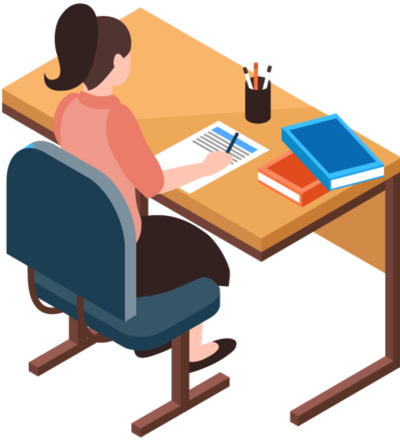 Young girl doing her reading homework at her desk excitedly